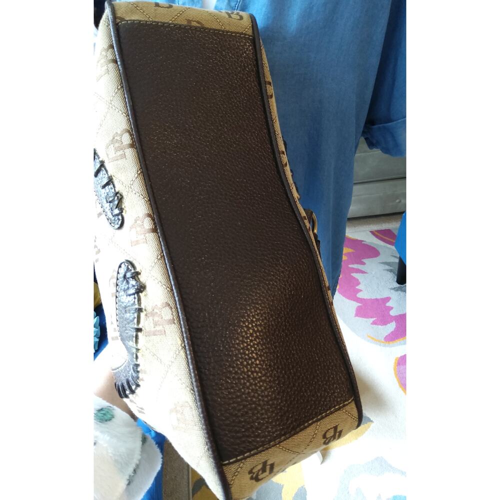 Vtg Dooney & Bourke Victorian brown canvas monogram bag boho hobo leather tassel - Picture 7 of 11